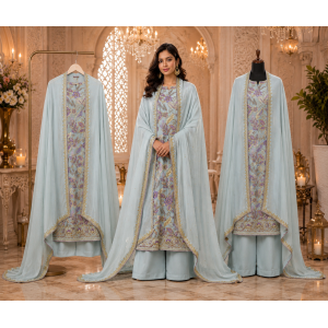 Powder Blue Floral Crape Unstitched Designer Suit with Pure Chiffon Dupatta Powder Blue Floral Crape Unstitched Designer Suit with Pure Chiffon Dupatta