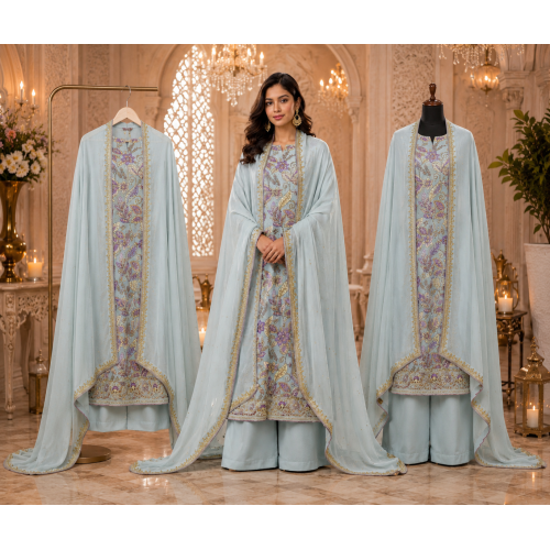 Powder Blue Floral Crape Unstitched Designer Suit with Pure Chiffon Dupatta Powder Blue Floral Crape Unstitched Designer Suit with Pure Chiffon Dupatta