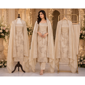 Champagne Gold Crush Beads Work Designer Unstitched Suit Champagne Gold Crush Beads Work Designer Unstitched Suit