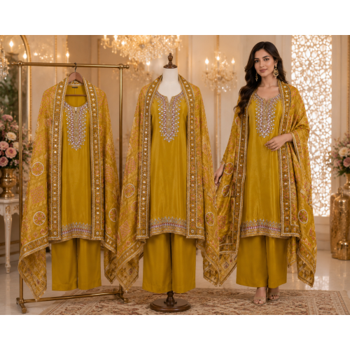 Mustard Royal Shimmer Gotta Patti Semi-Stitched Dress Material Mustard Royal Shimmer Gotta Patti Semi-Stitched Dress Material
