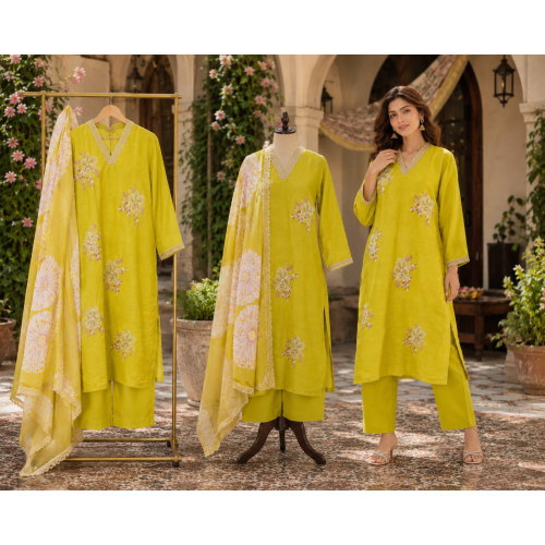 Lime Blossom Mal Cotton Stitched Kameez Pant Set with Organza Dupatta Lime Blossom Mal Cotton Stitched Kameez Pant Set with Organza Dupatta