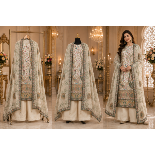 Ivory Bloom Heritage Crape Unstitched Dress Material