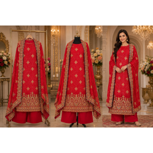 Royal Crimson Crape Designer Unstitched Dress Material with Opada Bottom