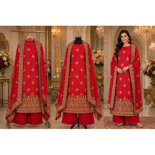 Royal Crimson Crape Designer Unstitched Dress Material with Opada Bottom