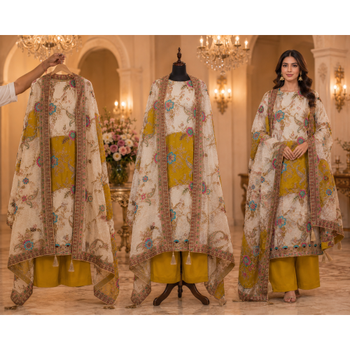 Royal Ivory Mustard Floral Designer Crape Unstitched Suit Set
