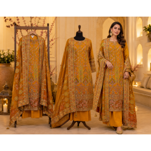 Royal Mustard Heritage Embroidered Crape Unstitched Suit Set