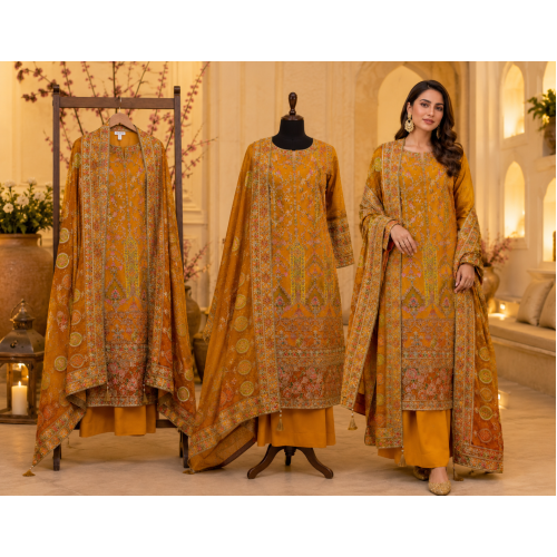 Royal Mustard Heritage Embroidered Crape Unstitched Suit Set