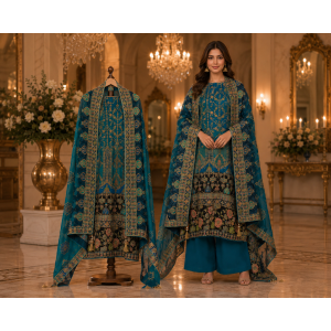 Royal Teal Braso Designer Crape Unstitched Suit Set