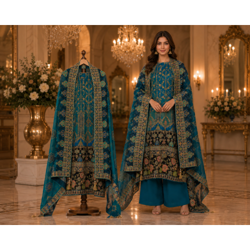 Royal Teal Braso Designer Crape Unstitched Suit Set