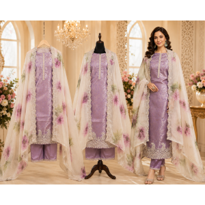Lavender Royale Jakhat Unstitched Suit Set with Floral Organza Dupatta