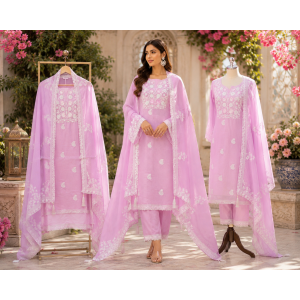 Blush Pink Elegance Organza Unstitched Suit Set