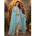 Sky Blue Peacock Grace Silk Position Print Unstitched Suit Set