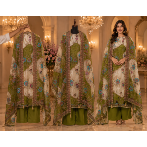 Olive Ivory Floral Luxury Crape Unstitched Suit Set with Pure Crape Dupatta