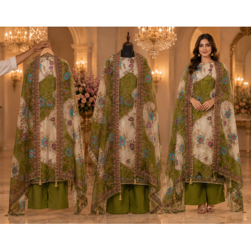 Olive Ivory Floral Luxury Crape Unstitched Suit Set with Pure Crape Dupatta