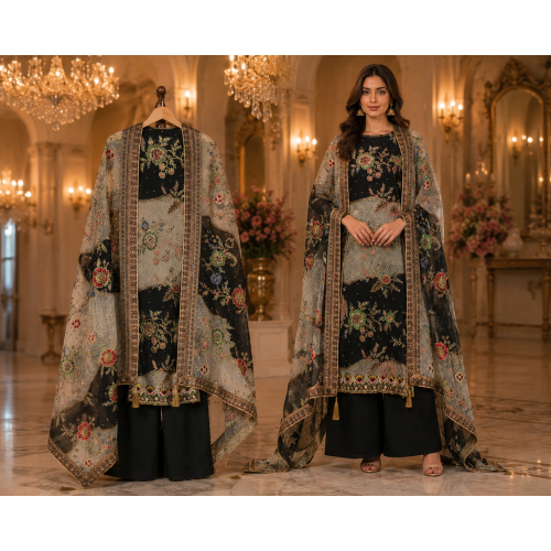 Midnight Noir Floral Luxury Crape Unstitched Suit Set with Pure Crape Dupatta