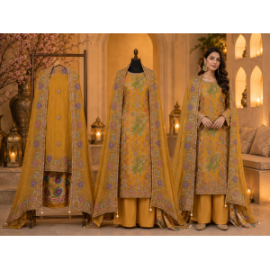 Royal Mustard Floral Crape Unstitched Suit Set with Pure Chiffon Dupatta
