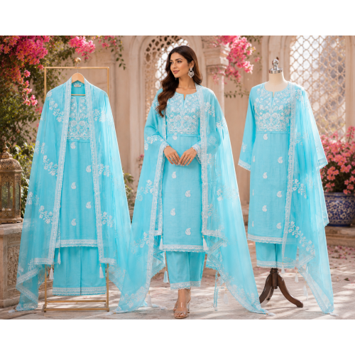 Sky Blue Grace Organza Unstitched Suit Set