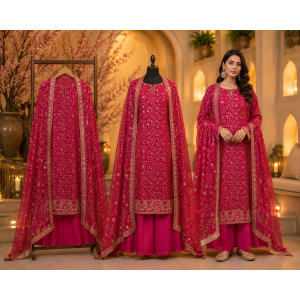 Royal Fuchsia Floral Chenon Unstitched Suit Set with Pure Chiffon Dupatta