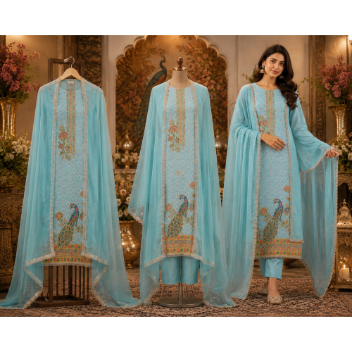 Sky Blue Peacock Grace Silk Position Print Unstitched Suit Set