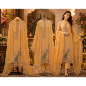 Golden Mustard Peacock Heritage Silk Position Print Unstitched Suit Set