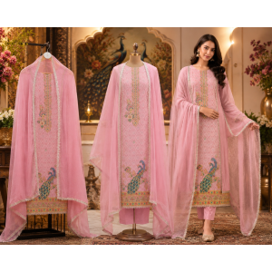Blush Pink Peacock Grace Silk Position Print Unstitched Suit Set