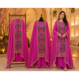 Royal Rani Pink Heritage Position Print Crape Unstitched Suit Set