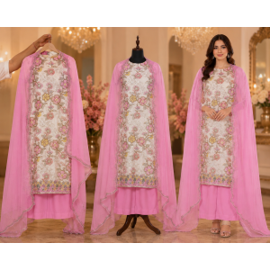 Blush Bloom Luxury Crape Unstitched Suit Set with Pure Chiffon Dupatta
