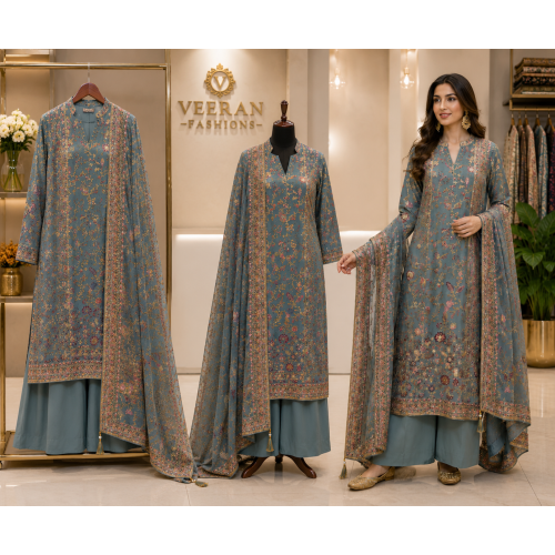 Sage Mist Floral Georgette Unstitched Suit Set
