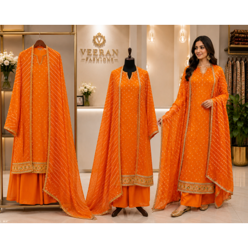 Royal Tangerine Tafta Bandhej Unstitched Suit Set