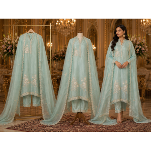 Aqua Serenity Crush Beads Work Unstitched Suit Set