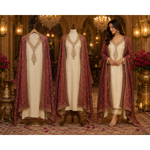 Royal Ivory Wine Velvet Shimmer Unstitched Suit Set