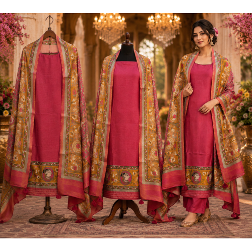 Royal Rose Maheshwari Cotton Unstitched Suit Set with Designer Maheshwari Dupatta
