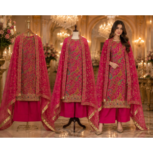 Royal Rani Pink Paisley Crape Unstitched Suit with Pure Chiffon Dupatta