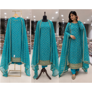 Royal Turquoise Chenon Embroidered Unstitched Suit with Designer Dupatta