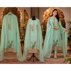 Aqua Peacock Silk Position Print Unstitched Suit Set