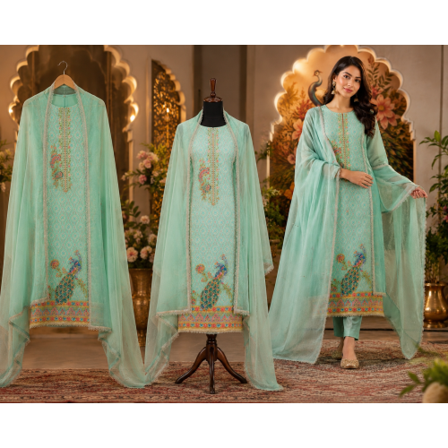Aqua Peacock Silk Position Print Unstitched Suit Set