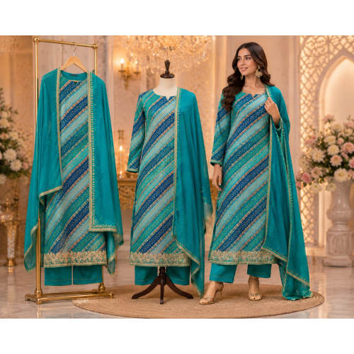 Azure Royale Crape Unstitched Dress Material with Pure Chiffon Dupatta