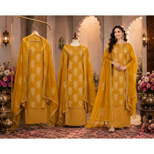 Mustard Glow Cotton Unstitched Suit with Pure Chiffon Dupatta