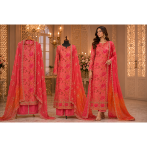 Coral Blossom Organza Unstitched Dress Material with Georgette Dupatta