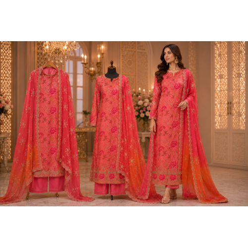 Coral Blossom Organza Unstitched Dress Material with Georgette Dupatta Coral Blossom Organza Unstitched Dress Material with Georgette Dupatta