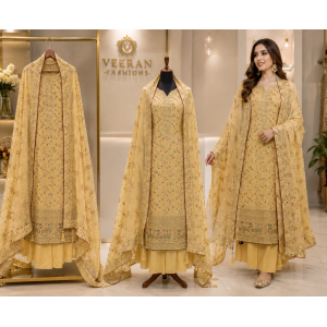 Royal Buttercream Chenon Floral Embroidered Unstitched Suit Set