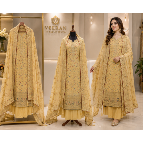Royal Buttercream Chenon Floral Embroidered Unstitched Suit Set Royal Buttercream Chenon Floral Embroidered Unstitched Suit Set