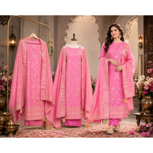 Rose Blush Dola Silk Floral Elegance Unstitched Suit Set