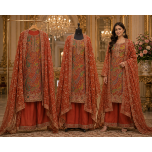 Rust Royale Paisley Unstitched Crape Suit with Pure Chiffon Dupatta