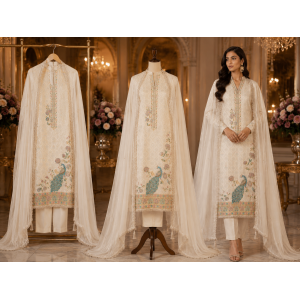 Ivory Peacock Silk Position Print Unstitched Suit Set