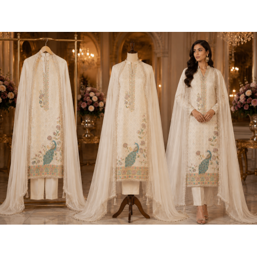 Ivory Peacock Silk Position Print Unstitched Suit Set
