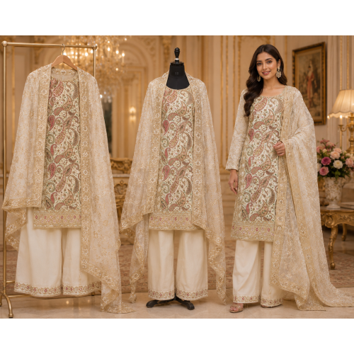 Ivory Paisley Heritage Unstitched Crape Suit with Pure Chiffon Dupatta