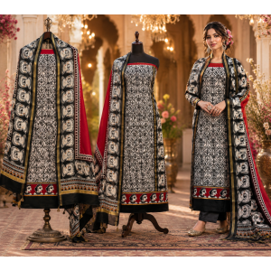 Midnight Ivory Maheshwari Cotton Unstitched Suit Set with Artistic Maheshwari Dupatta