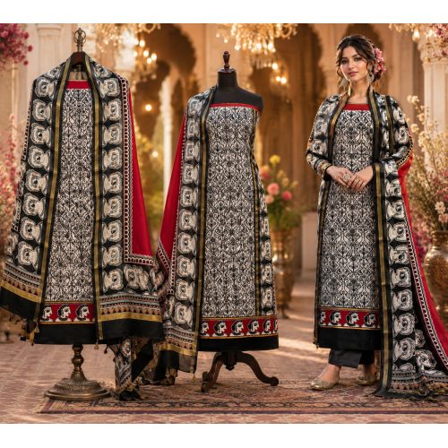 Midnight Ivory Maheshwari Cotton Unstitched Suit Set with Artistic Maheshwari Dupatta