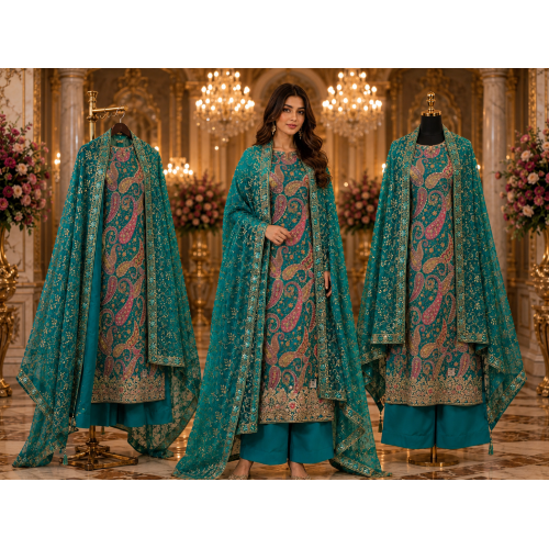 Royal Peacock Teal Paisley Crape Unstitched Suit with Pure Chiffon Dupatta